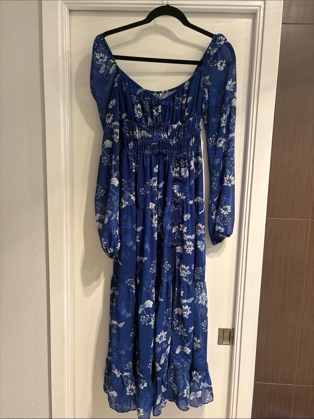 Royal Blue Floral Long Sleeve Maxi Dress with Smocked Waist